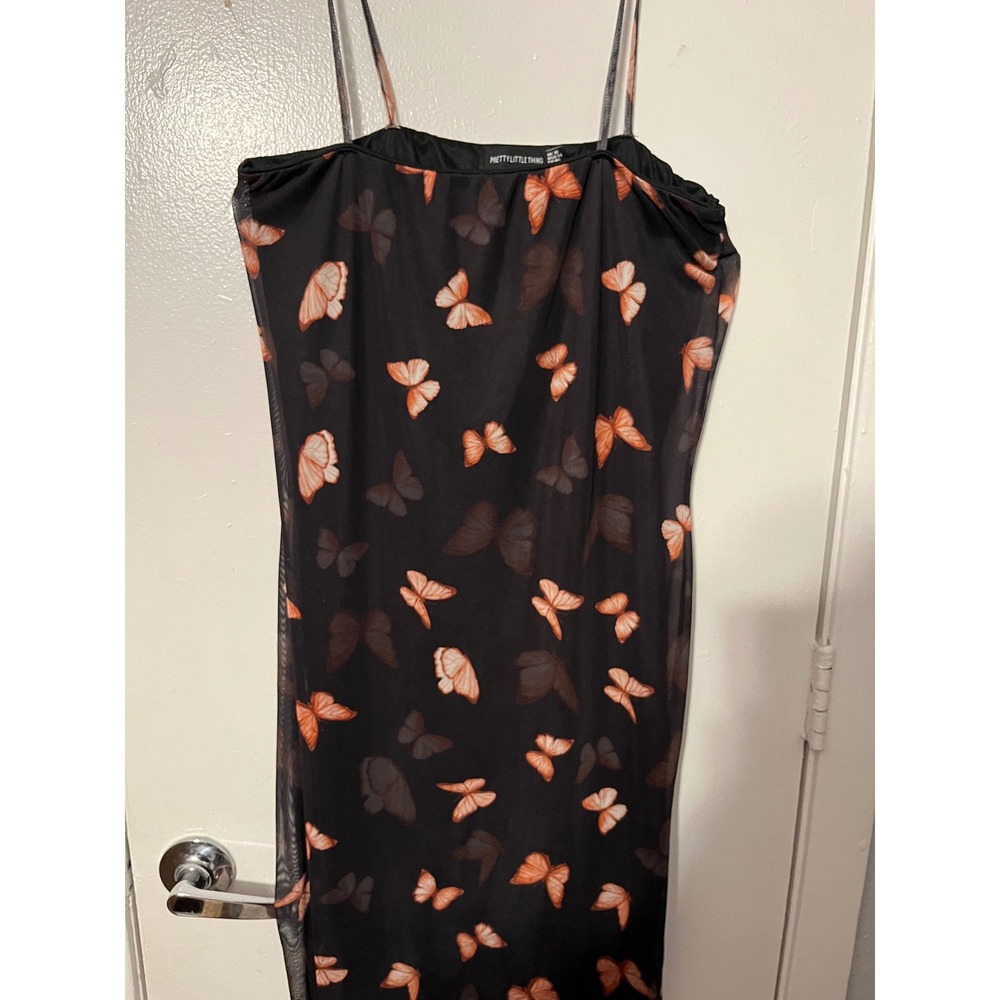PrettyLittleThing Black Butterfly Mesh Midi Dress Ruffle Hem Size 14 Womens - Picture 3 of 10